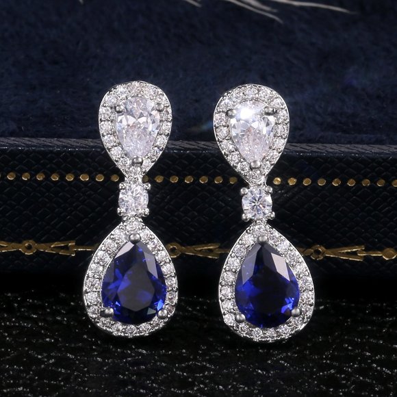 💝Noble Water Drop Royal Blue And White Pear Zircon Stud Earrings, UNVN12417 - Picture 7 of 7